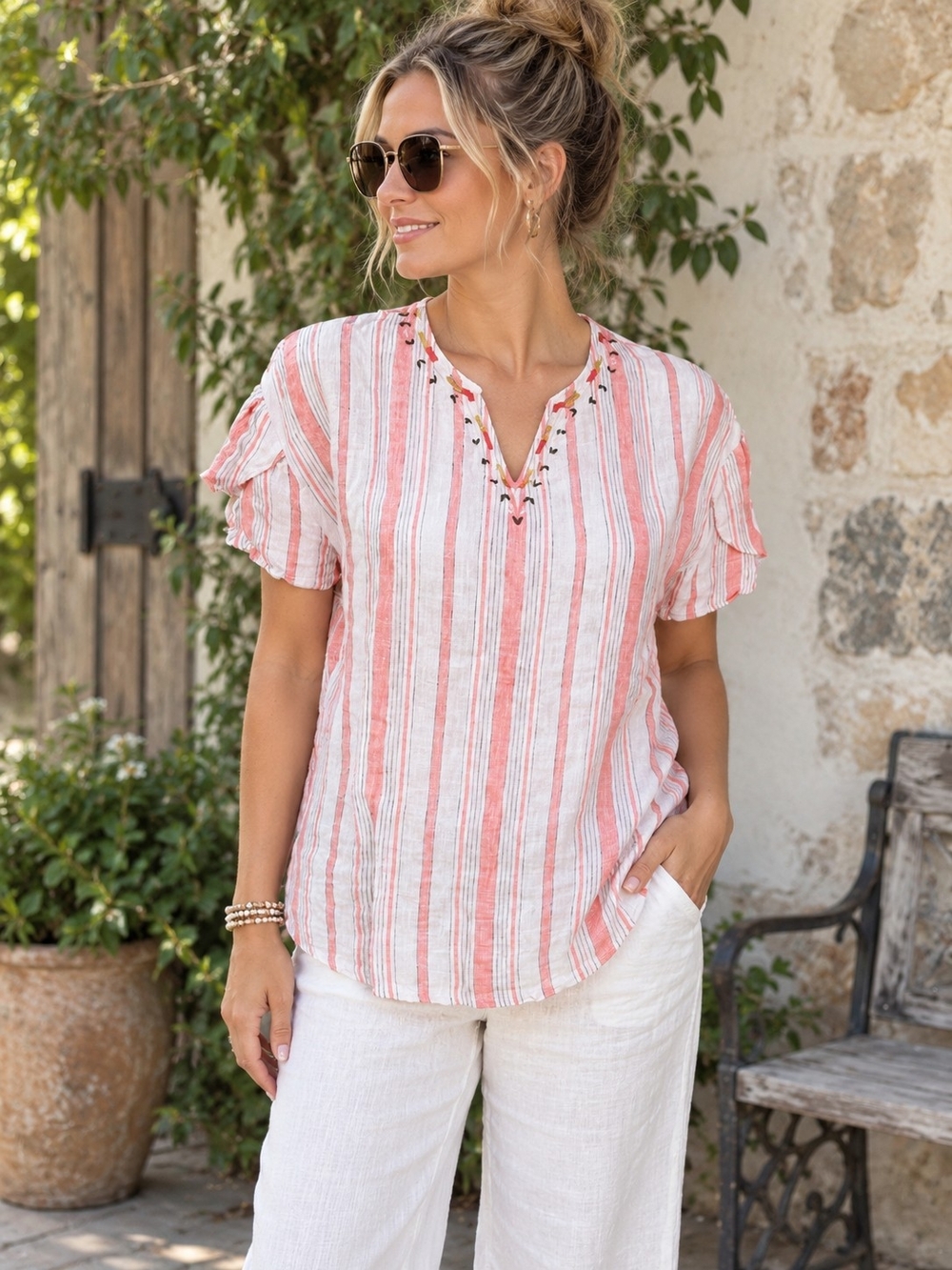 Coldwater Creek 100% Linen Striped Embroidered Ruffle Sleeve Top Small